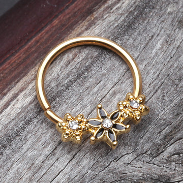 Detail View 1 of Golden Elegant Onyx Lily Flower Sparkle Bendable Twist Hoop Ring-Clear Gem